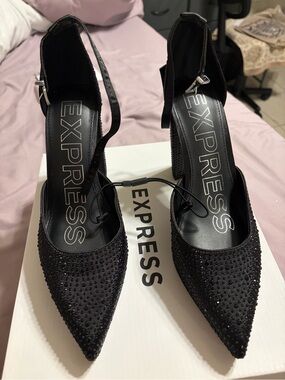 Express Black Crystal-Embellished Pointed Ankle-Strap Heels